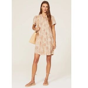 Faherty Linen Gemina Shift Dress Blue Blush Pink Palm Print Short Sleeve Size S